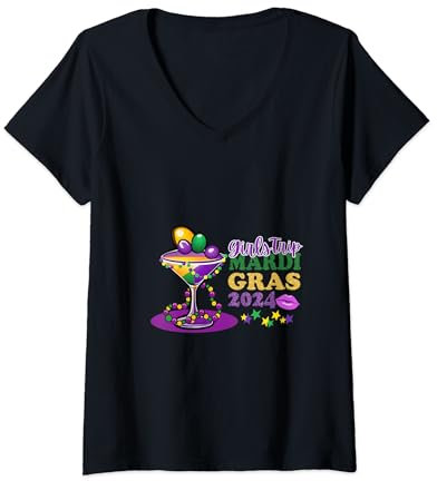 Womens Girls Trip Mardi Gras 2024 Martini Glass Beads Spangle Women V-Neck T-Shirt