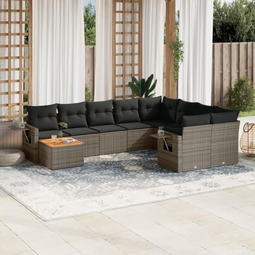 THOYTOUI 10-TLG. Garten-Sofagarnitur, Gartengarnitur Set Balkon Lounge Balkonmöbel Set Biergartengarnitur Geeignet für Garten Veranda Balkon Terrasse mit Kissen Grau Poly Rattan