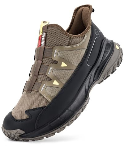 FitVille Men's Extra Wide Walking Trainers Comfortable Slip On Hiking Shoes with Arch Support, Low-Rise Trekking and Hiking Footwear for Outdoor Trekking Camping Climbing Brown Black