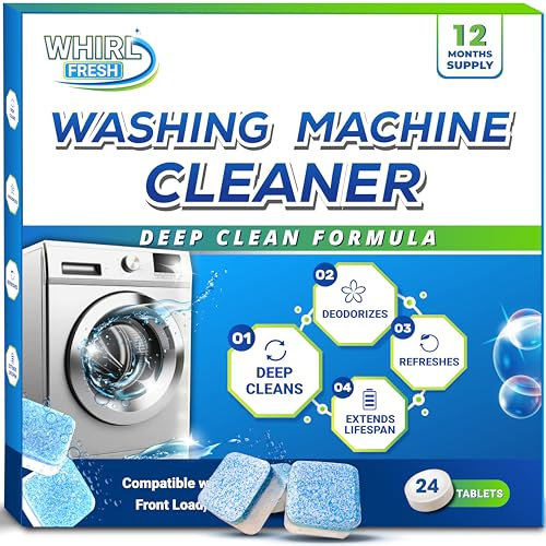 Whirl Fresh Washing Machine Cleaner Tablets, 24 Pack–Deep Cleaning Tablets for Top & Front Load HE Washer Cleaners, Descaler & Deodorizer, Septic Safe, Cleans Drum, Tub, Seal & All Internal Parts