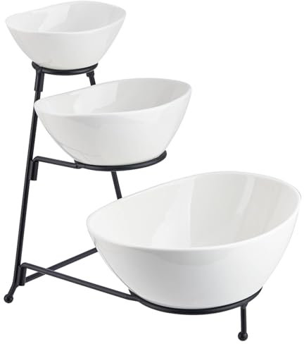 CHILDIKE 3 Tier Serving Stand with 3 Oval Porcelain Serving Bowls Set Dishes Set for Entertaining - White and Black Stand