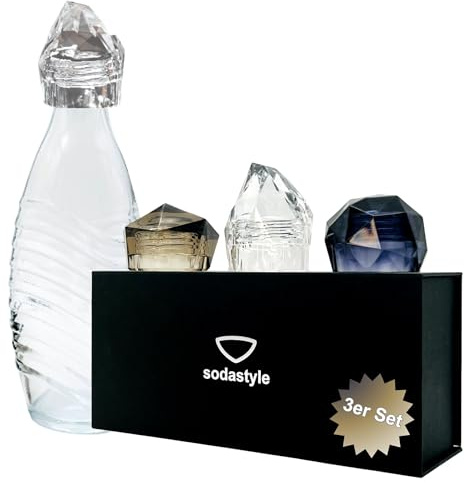 sodastyle Coperchio di ricambio per Sodastream Crystal, Penguin & Aarke – Set di 3 chiusure in vetro acrilico per bottiglie di vetro | Monocromatico Manhattan