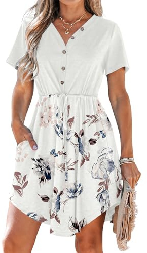 AUSELILY Dam Sommarklänning Elegant V-Neck Mini Sundress Kort Ärm Dragsko Ledig Klänning med Fickor, Blommig vit, S