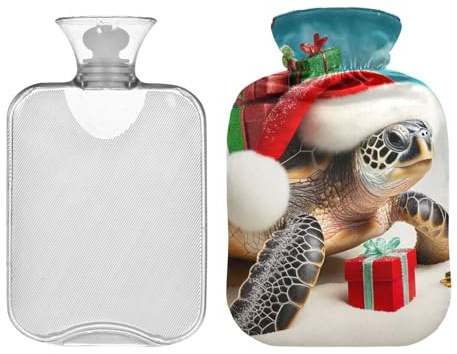 Borsa dell'acqua calda natalizia a forma di tartaruga marina con rivestimento in velluto, borsa dell'acqua calda da 1 litro per impacchi caldi e freddi, scalda mani e piedi, ideale per impacchi caldi
