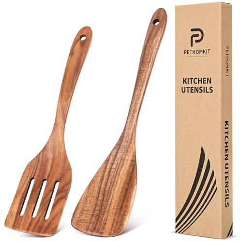 Wooden Spatula for Cooking,12.6” Natural Teak Wooden Kitchen Cooking Utensils Set, Wood Spatulas for Non-Stick Frying Pan, Slotted Solid Wood Wok Spatulas Flippers Turner for Egg Pancake Fish, 2 Pcs