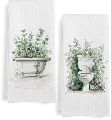 GWFSJYU Sage Green Eucalyptus Hand Towels for Bathroom Set of 2, Eucalyptus Botanical Tea Kitchen Towels, Sage Green Toilet Bathtub Decorative Hand Towels, Eucalyptus Bathroom Decor, 16x24 in
