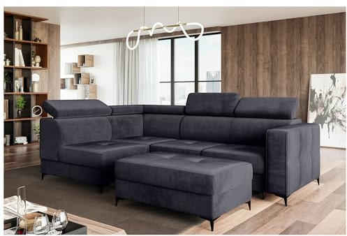 MEBLINI Schlafcouch mit Bettkasten - Ecksofa mit Schlaffunktion - Sofa mit Relaxfunktion und Kopfstützen - Couch L-Form - Eckcouch - Wohnlandschaft - Dorian - 263x232x89cm Links - Dunkelgrau Samt