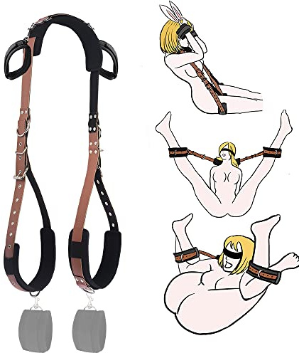 BDSM Sex Bondage Kit - Thigh and Wrist Restraint Cuffs, Neck to Leg Sex Toy with Handcuffs, Doggy-Style Swing, and Leg Straps for Couples' SM Games