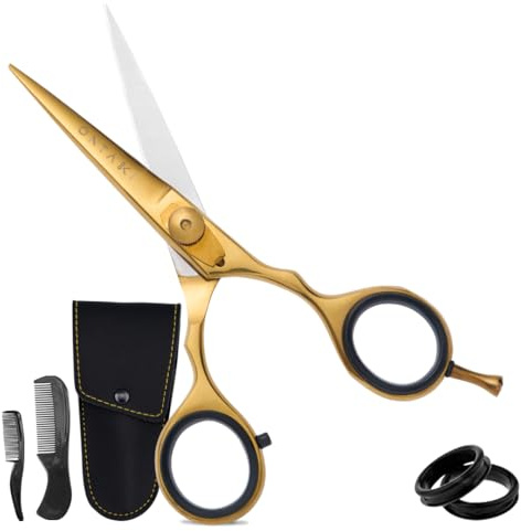 Ontaki Ciseaux à barbe et moustache pour homme - Acier japonais 14 cm, laiton doré - Lames tranchantes, repose-doigt ergonomique et vis de réglage de la tension pour une coupe parfaite