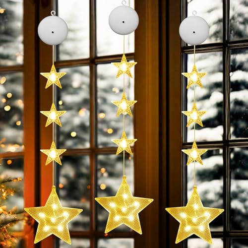 SaiXuan Cortina Luces Navidad 3 Pcs, Luces LED de Estrella para Ventana, Blanco Cálido con Ventosa, 3 Modos (Fijo/Parpadeo), Luces Navidad Interior a Pilas, Decoración Navideña para Casa,Árbol,Fiesta