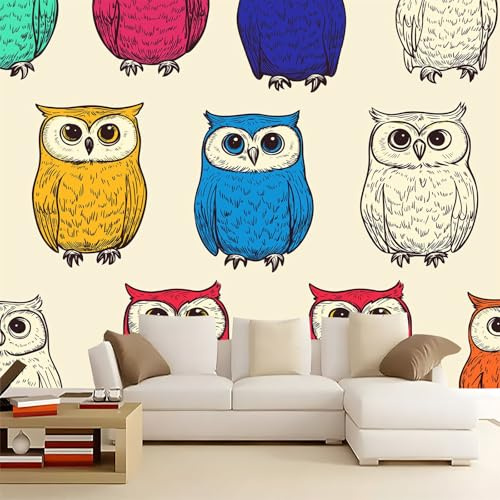Papel Pintado Panorámico Búho de dibujos animados colorido 500x280 cm Fotomurales No Tejido, Murales Decoración Póster Pared Personalizado 3D Para Salón Dormitorio
