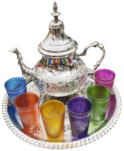Juego de Té Marroquí, Tetera 1500ml con Bandeja 33cm, 6 Vasos de Cristal Decorados