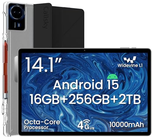 14 Inch Android 15 Tablet, 16GB RAM+256GB ROM, 1920x1200 FHD IPS Display | Widevine L1, 10000mAh Battery, 4G LTE, Wi-Fi & Bluetooth 5.0, Multi-Angle Stand Case & Stylus Pen,6ft Type-C Cable - Black