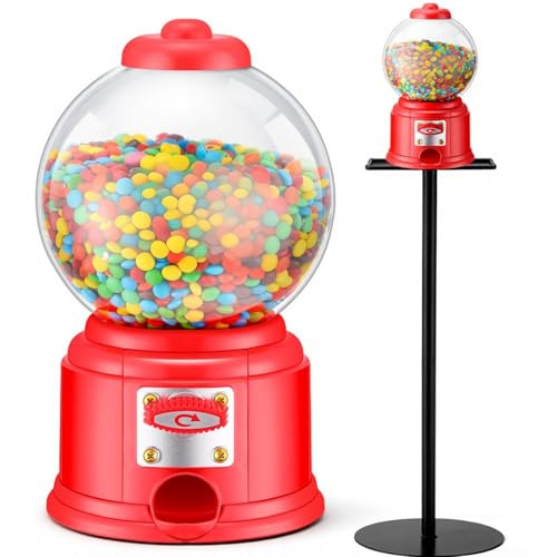 Fiwochic 35.8 Gumball Machine with Stand and Coin Bank Large Bubble Gum Dispenser with Metal Base Vintage Style Red Gumball Candy Vending Machine Operated for Candy Nut Bouncy Ball