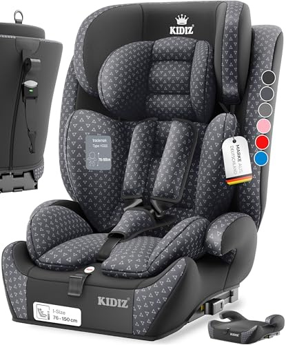KIDIZ® Autokindersitz mit Isofix i-Size R129 100-150cm bis 12 Jahre, Kinderautositz Gruppe 1/2/3, mitwachsender Kindersitz, 5-Punkt-Gurt, höhenverstellbare Kopfstütze, Sitzerhöhung Auto, Anthrazit