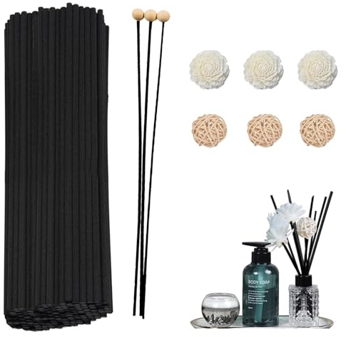 100 Black 11.8-Inch Wood Fibre Reed Diffuser Sticks with Wooden Beads, Rattan Balls & Wood Dried Flowers - Complete Diffuser Sticks Set for Home, Hotel & Spa - Essential Reeds for Diffusers