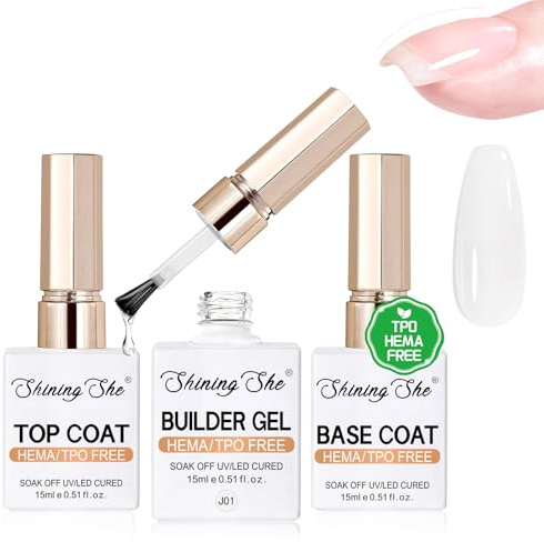 Shining She Base Coat Top Coat Gel UV & Clear Builder Gel for Nails Set, HEMA-Free TPO-Free Nail Polish Builder Gel Set Soak-Off UV/LED for Extension & Reinforcement Gel, 15ML