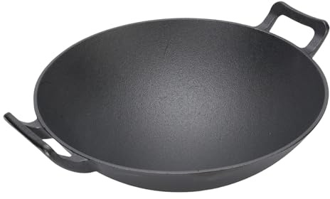 RASTKY Wok in Ghisa Addensato da 32 Cm, Pentola per Friggere per Fornelli a Gas, Non Rivestito con Design a Doppio Orecchio, Opzioni di Cottura Versatili per Varie Fonti di Calore