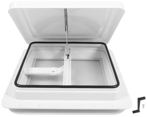 QWUUYEC 14 Inch RV Roof Vent with White Lid and Stainless Steel Screen, Leakproof Weather Vent for Trailers and Motorhomes - Adjustable Support Rod, Ideal for