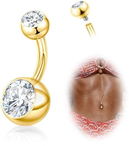 DAI JY Titanium Belly Button Rings, 14G Belly Button Piercing 14mm 12mm 10mm 8mm Short Long Belly Ring Cubic Zirconia Internally Threaded Navel Piercing Jewelry for Women Men (Gold, 14g-14mn)