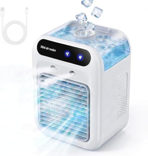 Climatiseur Portable, Petit Climatiseur Portable, Mini Climatiseusr, Humidificateur À Brumisation, Inclinaison Réglable À 15°, Grande Maison Et La Chambre, Rechargeable Sur Secteur，Blanc