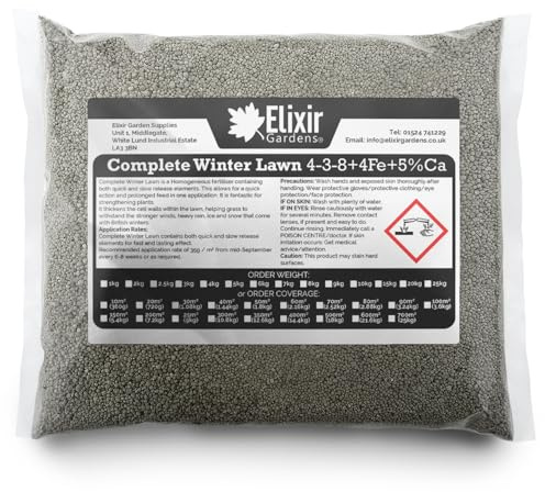 Elixir Gardens | COMPLETE WINTER LAWN Fertiliser Optimized For British Climate | Autumn and Winter Feed and Moss Treatment | 4-3-8 + 4Fe +Te | 1kg - 25kg Bags or Tubs | Treats 84sqm | 3kg Bag