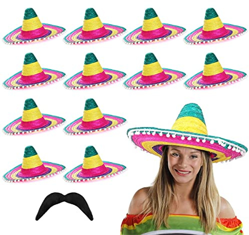 I LOVE FANCY DRESS Juego de sombrero mexicano y gorro – Sombrero con bordes de pompón y bigote mexicano negro – Sombrero mexicano de paja para vacaciones, despedida de soltero nocturno bandito