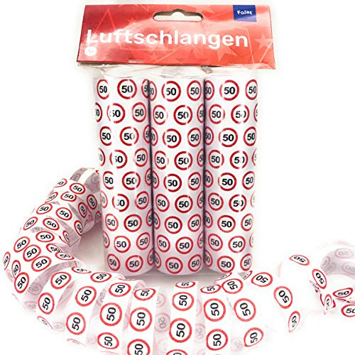 Carpeta 27 Luftschlangen * 50. Geburtstag * als Deko für Party und Birthday | 3 Rollen mit je 9 Schlangen mit Verkehrsschild Zahl 50 | Tischdeko Streamer Runder Geburtstag