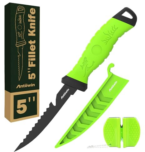 ANTOWIN 12,7 cm Fishing Edelstahl Filetiermesser Set mit Messer-Schärfer, Ergonomischer ABS Griff, Biegsam und Extrem Scharfe Klinge, für Fisch, Fleisch