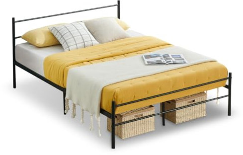 FetiNes Cadre de Lit 140x190 cm, 2 Personnes Lit avec Sommier Simple Metal Lit Double pour Adultes Adolescent - Noir