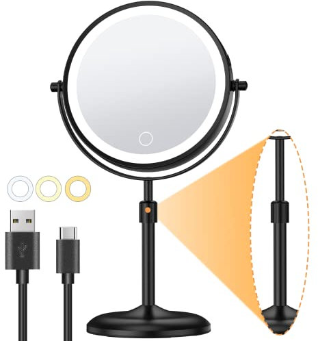 Gospire Wiederaufladbar Kosmetikspiegel mit Licht, 1X/10X Vergrößerung, 3 Farben Dimmable & Höhenverstellbar 7 Schminkspiegel, 360°Schwenkbar Doppelseitiger LED Make-up Spiegel, Schwarz