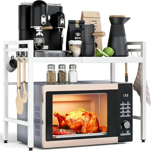 Yuehuamech Expandable Microwave Oven Rack Microwave Shelf Stand Kitchen Countertop Organizer Stand Pot Pan Grill Storage Racks 66lbs/ 30kg Load Bearing Counter Organizer Shelf Stand