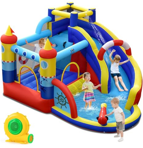 COSTWAY Inflatable Water Park with 550W Blower, Slide, Water Cannon, Climbing Wall and Splashing Pool, Kids Bouncy Castle Jumper House for Summer Outdoor Play