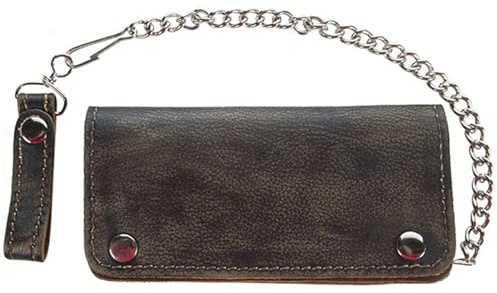 Dream Apparel Bifold Chain Wallet for Men and Women, Cowhide Leather Motorcycle Biker Wallet with Anti-Theft Steel Chain, Distressed Brown ID Card Holder Trucker Wallet with Snap Closure