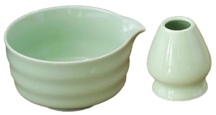 JISADER Bol à thé 2 pièces avec Bec verseur, Bol Matcha en céramique avec Support de Fouet, Bol Matcha Traditionnel, Vert Clair