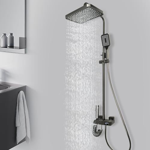 Duschsystem, Modern Edelstahl Duscharmatur, Regendusche, Duschset Massage, mit Handbrause Kopfbrause Duschpaneel LED, Duschsäule Dusche für Haus und Hotel, Weiß/grau (grau)