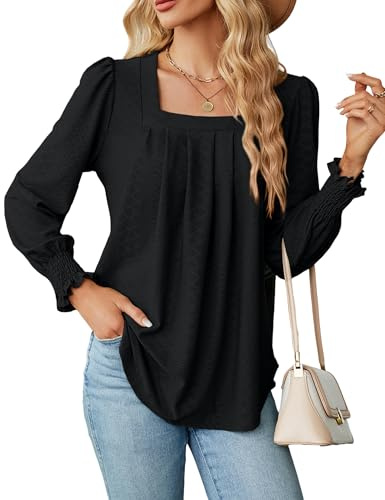 Heersan Mujeres Blusas de Manga Larga Blusas de Mujer Elegantes Camiseta Ladies Cuello Cuadrado Informal Pullover Tops Blusa Camisas con Volantes y Puños Fruncidos