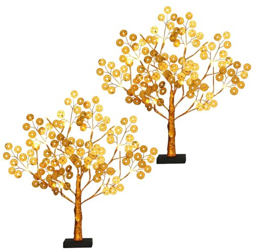 Geldbaum Feng Shui Gold Glücksbaum,Citrine Money Tree Pfennigbaum Kristall Feng Shui Deko with Glücksmünzen und Base für Reichtum Glück Hause Deko (2 Stück)