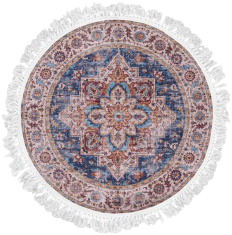Mazovia Teppich Rund Orientalisch Vintage - Waschbar rutschfest - Weich Traditioneller Teppich für Wohnzimmer Orientteppich - Fußbodenheizung geeignet - Beige Braun 160 x 160 cm