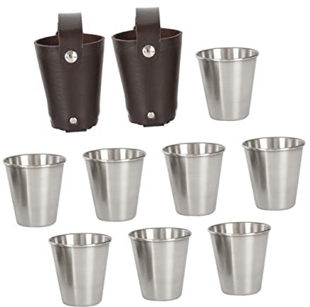 MAGICLULU Camping Schnapsbecher Edelstahl 8 Stück Mit Pu Leder Hülle Tragbar Outdoor Reise Whisky Tassen Kleine Party Becher