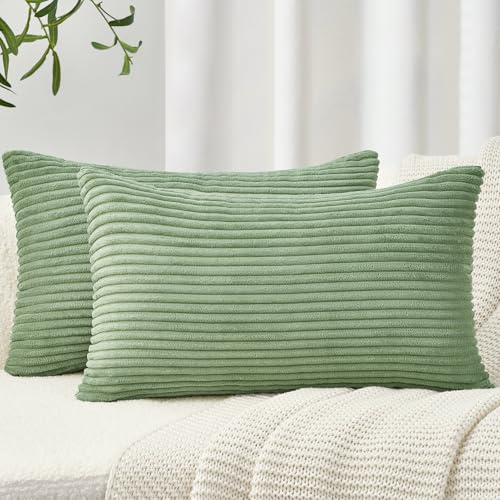 Topfinel 2er Set Kissenbezug 40x60 grün Kordsamt gestreiftes Muster Kissenbezüge Kissenhülle Dekokissen Sofakissen Nackenkissen Kopfkissen Couchkissen Dekokissen Deko Kissenhüllen Wohnzimmer