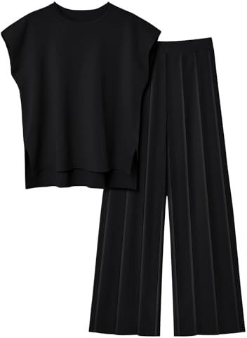 Veriliss Tvådelade kläder för kvinnor, sommartröja, set, stickad, pullover, toppar, elastisk midja, byxor, loungeuppsättning, träningsoverall