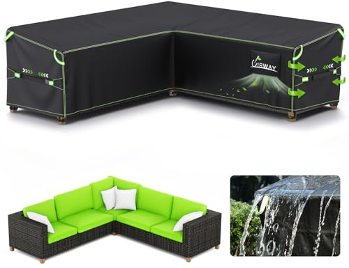 UIRWAY V-Shape Garden Furniture Cover Waterproof with Air Vent, 300x300x87cm Heavy Duty 420D Oxford Fabric Outdoor Rattan Corner Sofa Cover with Waterproof Tape, Reflective Strips