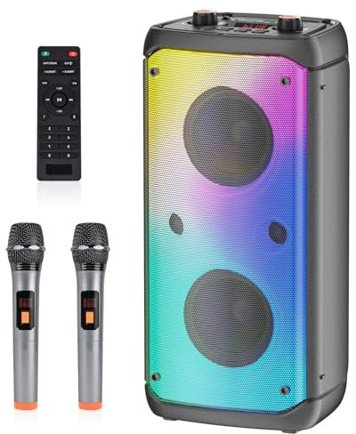 TAMPROAD Cassa Bluetooth con 2 microfonos, grande altoparlante portatile Bluetooth con luce RGB, sistema PA per Karaoke, House Party, sistema PA per adulti Box Party Supporta TF, FM, TWS