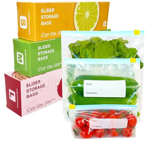 100 Pcs Food Storage Freezer Bags, 3 Sizes Zip Lock Bags(4.55L, 2.27L, 1L), VAKOWOO Reusable Ziplock Sandwich Bag with Expandable Bottom, Zip Seal Food Bag for Fruits, Vegetables, Meat, Grains, Snacks