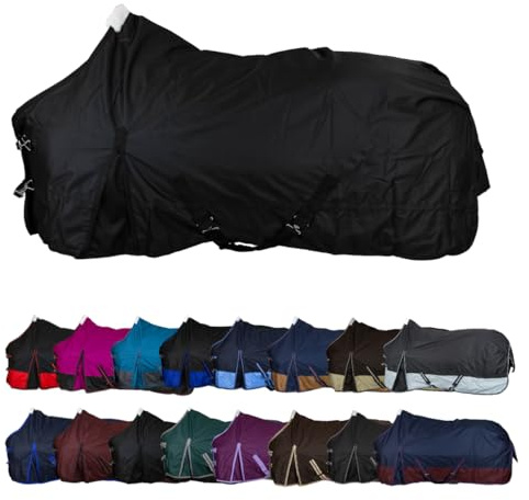 RL24 - Winterdecke Weidedecke 600D Basicline – atmungsaktive, Wind- & wasserdichte Outdoordecke mit Innenfutter & Kreuzbegurtung – Pferdedecke in Schwarz – 155cm (200g/m² Füllung)