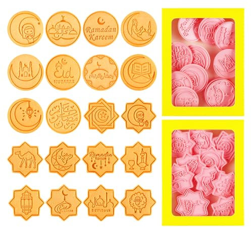 Keksausstecher Ramadan, 20 Stück Ausstechförmchen Set Umrah Mubarak Deko, Sterne Mond Ausstecher Islamische Ramadan Deko, 3D Keksstempel, Keks Ausstecher für Eid Mubarak Backen Kuchendekoration (A+B)
