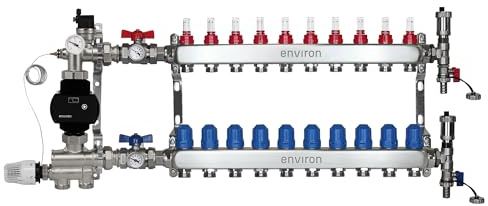 ENVIRON- Heizkreisverteiler [2-12 Heizkreise] mit Festwertregelset, Kugelhahn Set und Schnellentlüfter Set | Hocheffizienzpumpe (Environ Ecocirc 25/6, 10 Heizkreise)