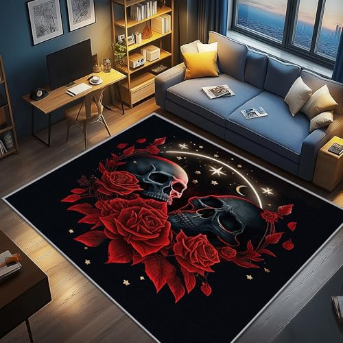AevuCub Gothic Deko, Totenkopf Rote Rosen Teppich 50x80 Kurzflor, Kleiner Teppich Wohnzimmer Skelett, Weich rutschfest Waschbare Teppiche, Bettvorleger Schlafzimmer Kinderzimmer
