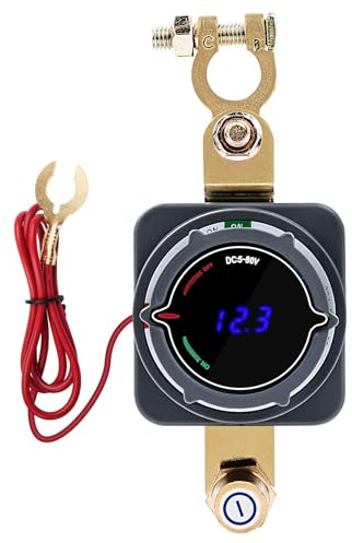 Batteridetektor med spänningsindikator, DC 5–80 V batteribrytare med voltmeter, spänningsdisplay, 12 V, batteri, bilbatteri, indikering för bil, husbil etc.
